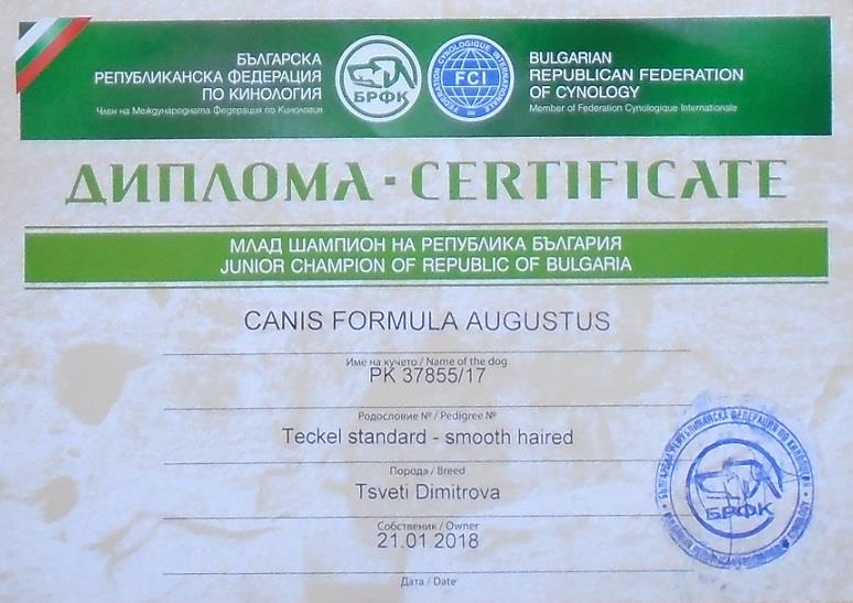 Canis Formula Augustus Giovane Campione Repubblica di Bulgaria
